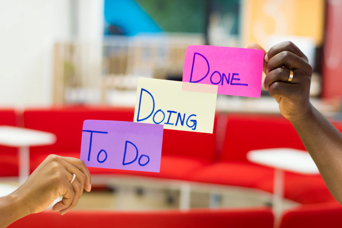 To do, doing and done sticky notes for a workflow